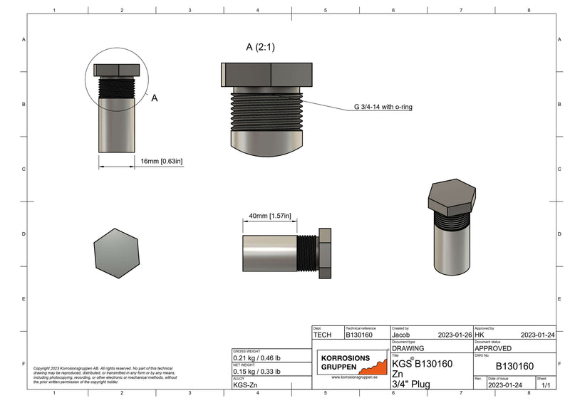 Zinc anode with 3/4" steel plug, ø16*40mm / ø0.63in*1.57in