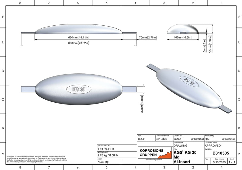 Anodo di magnesio TIPO 30 AL- 460*165*50, (600mm), circa 3.24kg/7,14lb. AZ63-1,5VDc